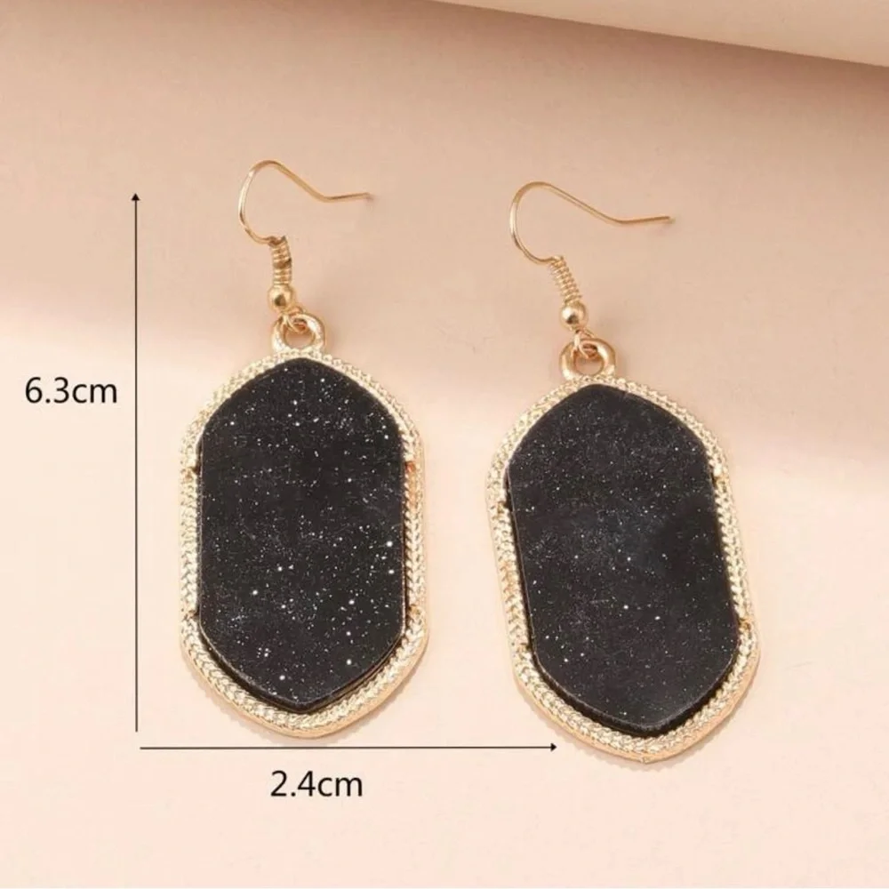 Black Shimmer Oval Drop Earrings | Gold Tone Textured Statement Earrings
